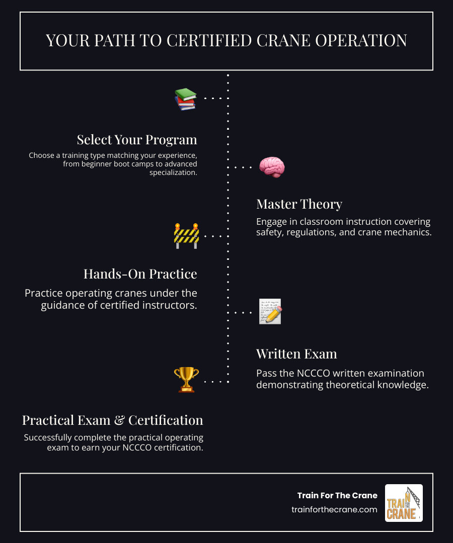 Infographic showing the crane operator training journey: 1) Choose your training program type based on experience level, 2) Complete classroom instruction on safety and regulations, 3) Practice hands-on operation with certified instructors, 4) Pass NCCCO written exam, 5) Complete practical exam to become a certified crane operator - Crane operator training services infographic infographic-line-5-steps-dark