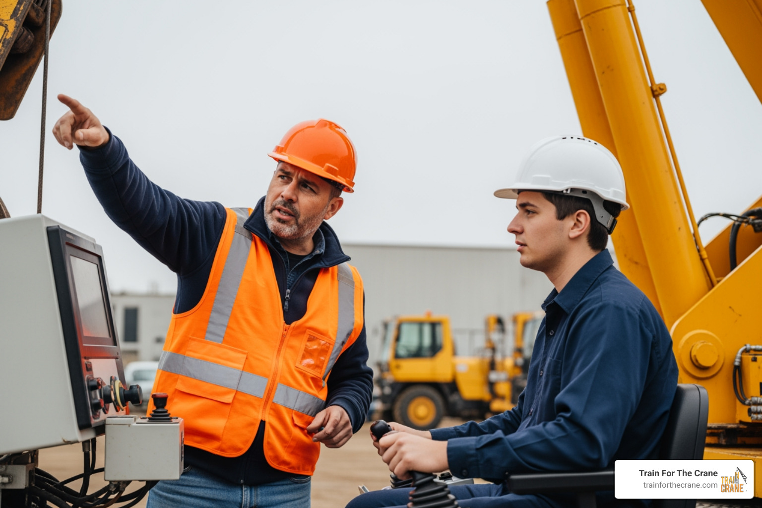 instructor guiding student on practical crane exercise - Crane operator training services
