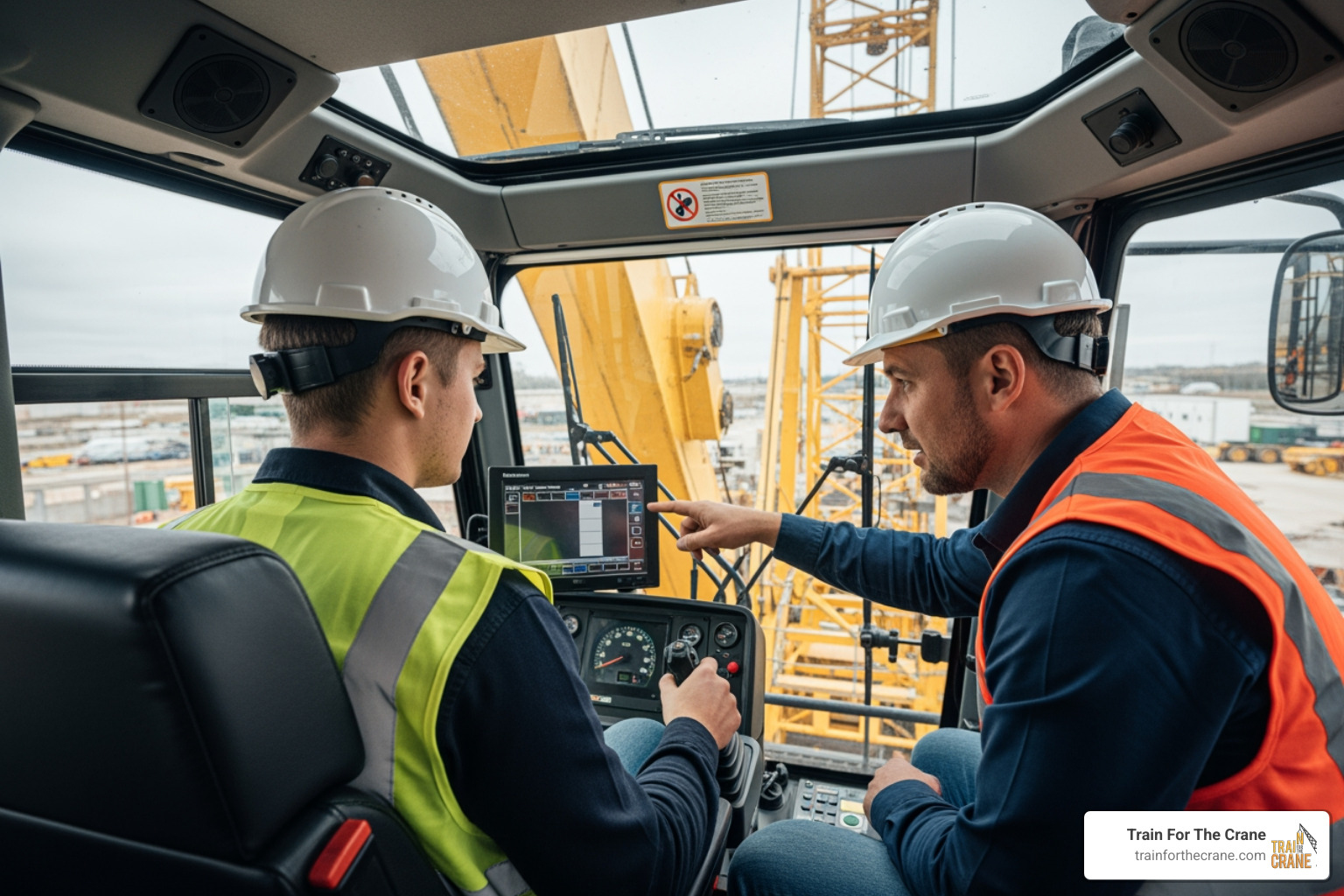 crane operator student in crane cab with instructor - Crane operator training services