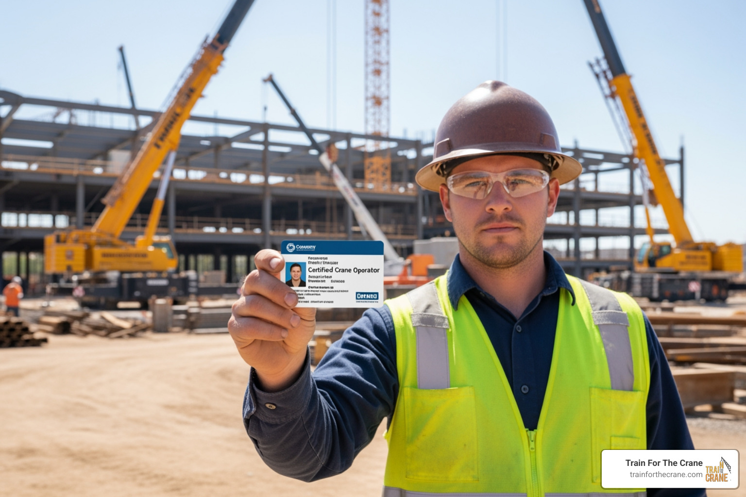 certified crane operator holding certification card - Crane operator training services