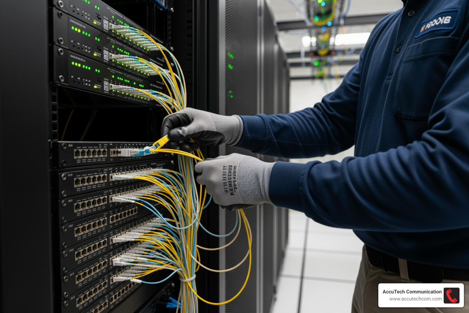 a network technician working on a fiber patch panel - isp fiber optic contractor