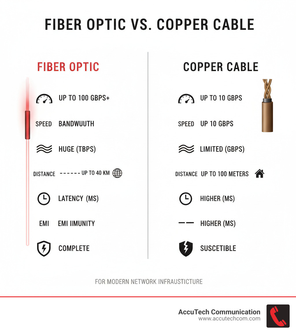 infographic showing fiber optic vs copper cable comparison with speed metrics, bandwidth capacity, distance capabilities, latency differences, and immunity to electromagnetic interference - isp fiber optic contractor infographic 