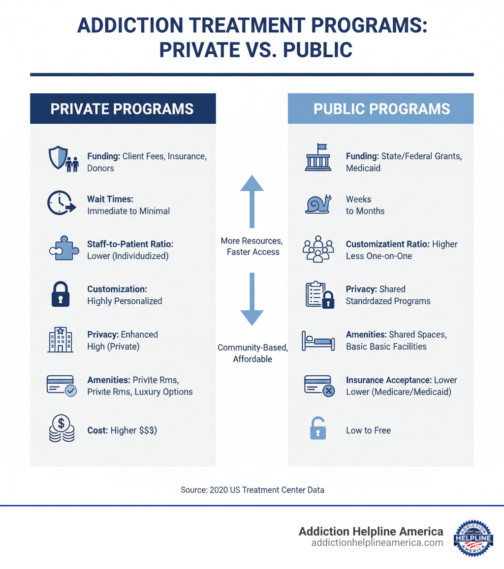 Infographic comparing private and public addiction treatment programs, showing funding sources, typical wait times, staff-to-patient ratios, treatment customization levels, privacy features, amenity offerings, insurance acceptance rates, and cost ranges for both options - private addiction treatment infographic Infographic comparing private and public addiction treatment programs, showing funding sources, typical wait times, staff-to-patient ratios, treatment customization levels, privacy features, amenity offerings, insurance acceptance rates, and cost ranges for both options - private addiction treatment infographic