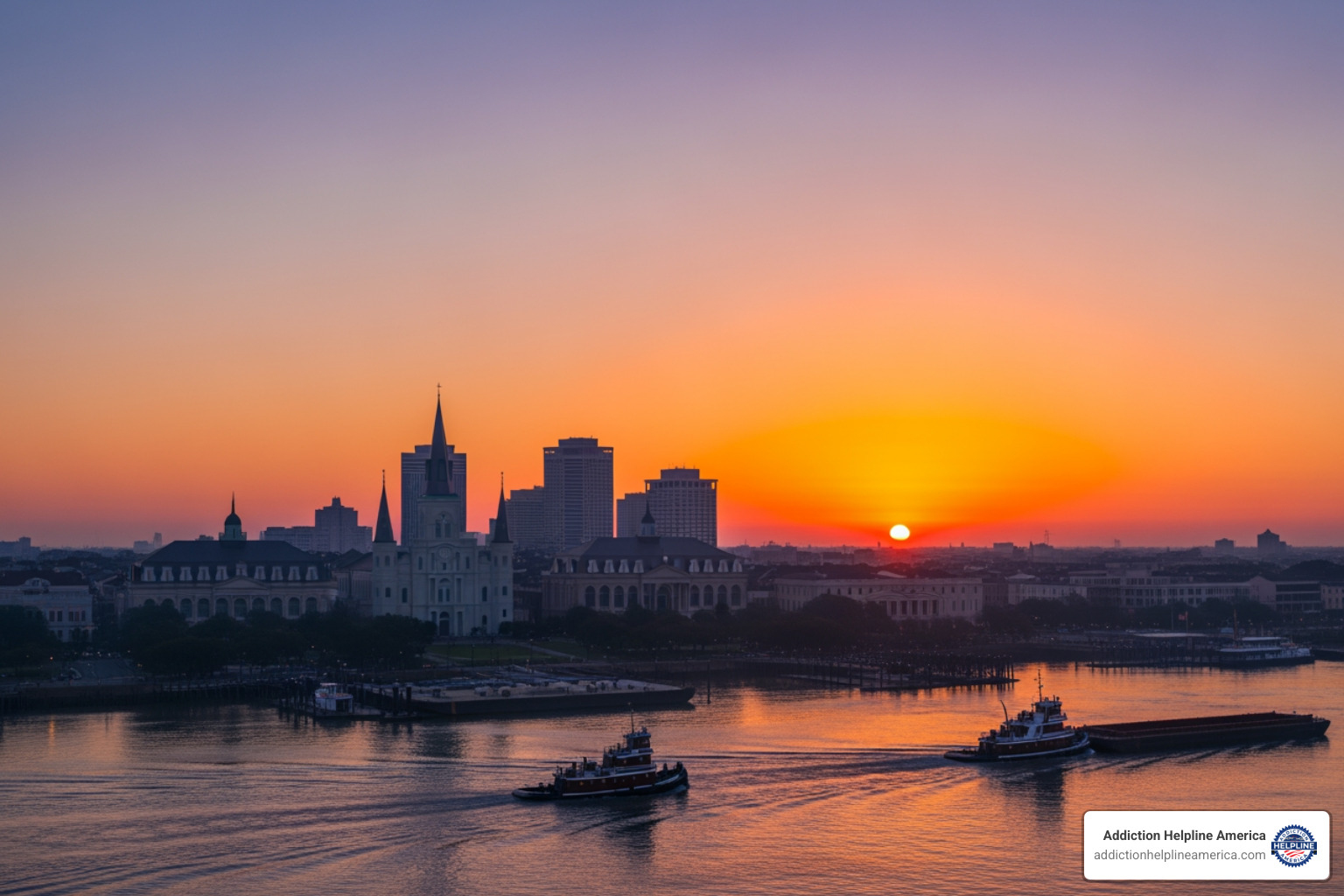 A hopeful sunrise over the New Orleans skyline and Mississippi River - Drug addiction New Orleans A hopeful sunrise over the New Orleans skyline and Mississippi River - Drug addiction New Orleans