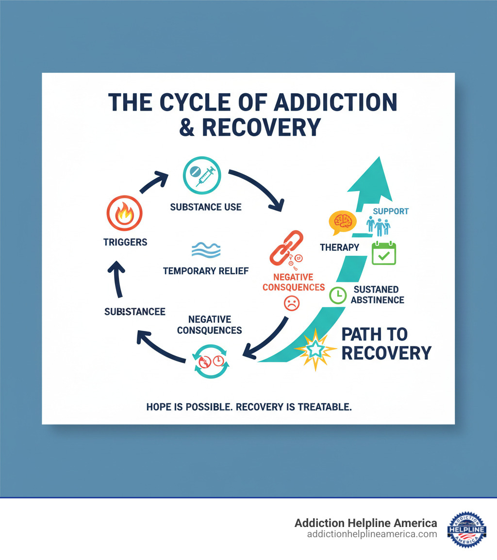 infographic showing the cycle of addiction including triggers, substance use, temporary relief, negative consequences, and the path to recovery through therapy, support, and sustained abstinence - therapy for addiction infographic infographic showing the cycle of addiction including triggers, substance use, temporary relief, negative consequences, and the path to recovery through therapy, support, and sustained abstinence - therapy for addiction infographic