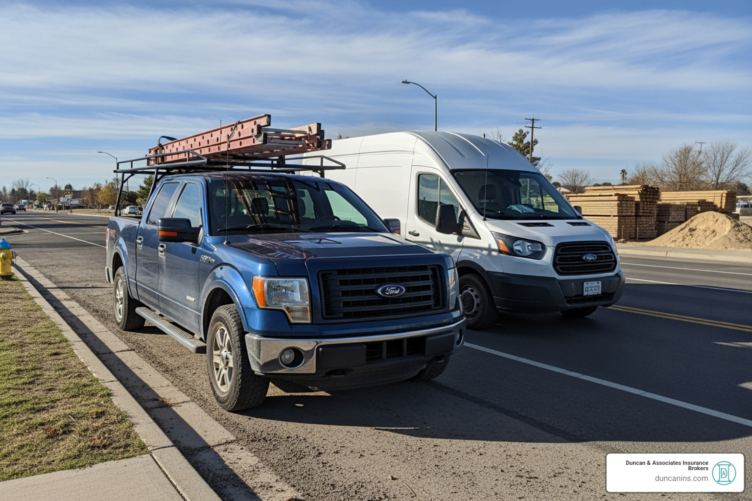 personal car with a ladder on top next to a commercial van - commercial auto insurance for contractors
