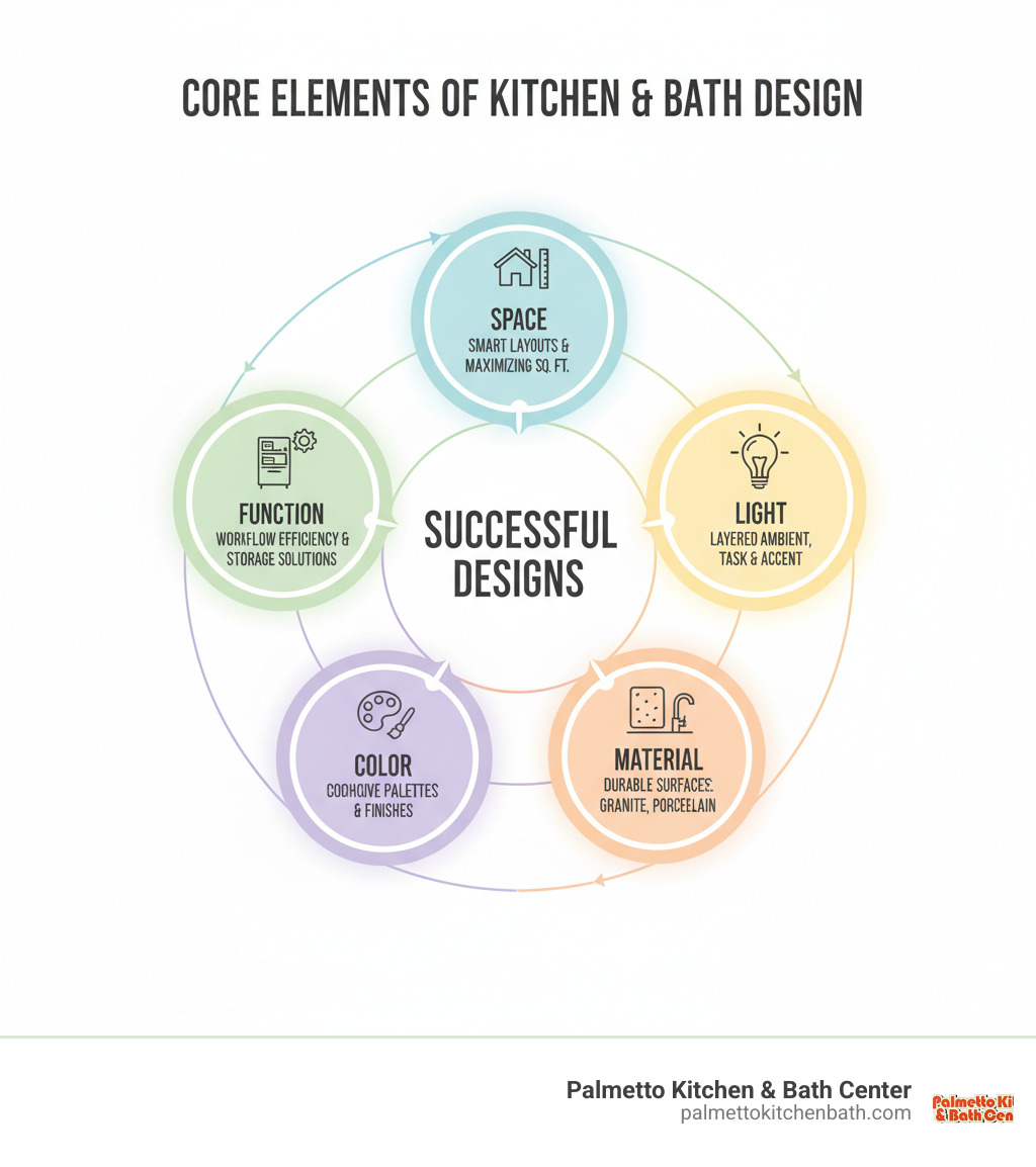 Infographic showing the 5 core elements of kitchen and bath design in a circular diagram: Space (smart layouts and maximizing square footage), Light (layered ambient, task, and accent lighting), Material (durable surfaces like quartz, granite, and porcelain), Color (cohesive palettes and finishes), and Function (workflow efficiency and storage solutions). Each element connects to show how they work together to create successful kitchen and bath designs. - kitchen and bath design infographic 