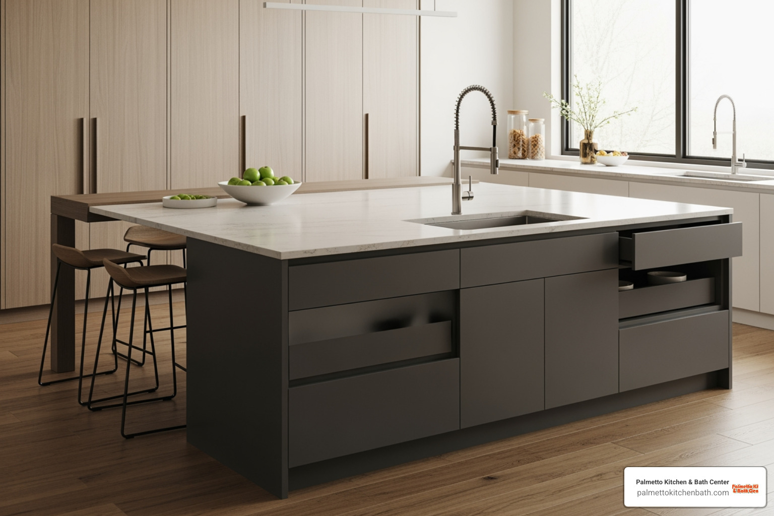 Kitchen island with a waterfall quartz countertop and unique cabinetry - kitchen and bath design