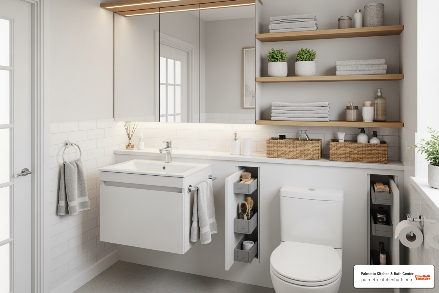 Well-lit small bathroom with clever storage solutions - kitchen and bath design