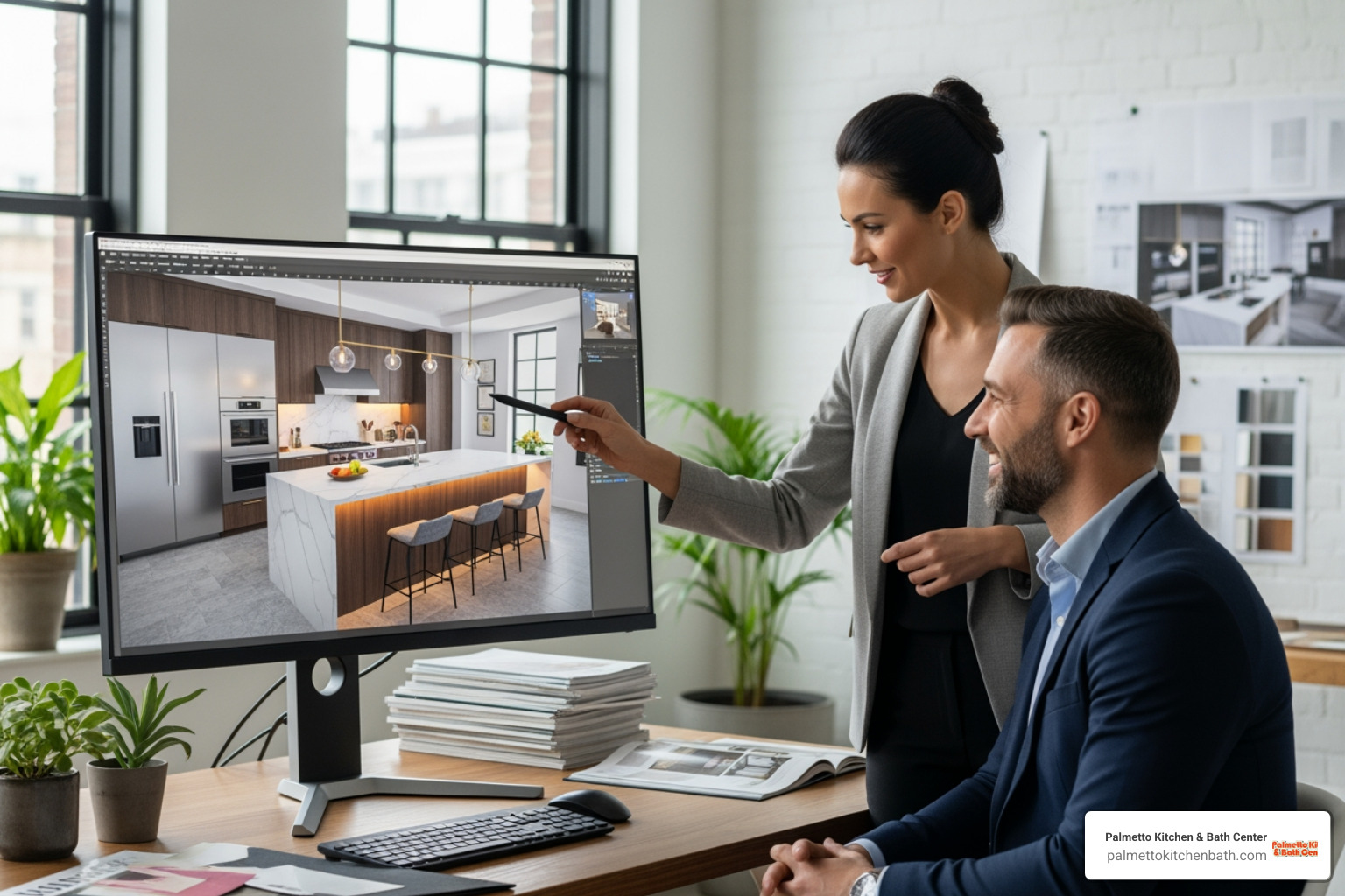 Designer presenting a 3D rendering to a happy client - kitchen and bath design