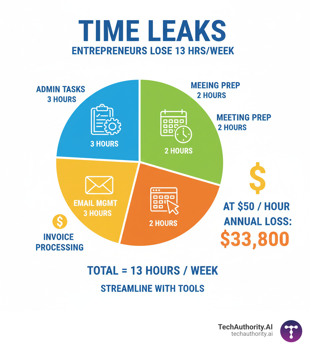 infographic showing time breakdown: 13 hours per week wasted on admin tasks, email management, meeting prep, data entry, and invoice processing, with dollar value calculations at $50 per hour totaling $33,800 annual loss - entrepreneur tools infographic 
