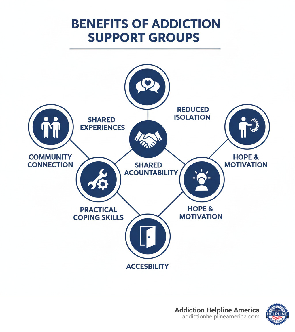 infographic showing benefits of addiction support groups including community connection, shared experiences, reduced isolation, practical coping skills, accountability, hope and motivation, and accessibility - addiction support groups infographic 