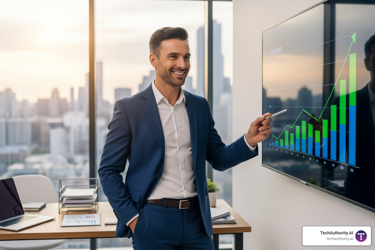 successful business owner looking confidently at their company's growth chart - entrepreneur tools