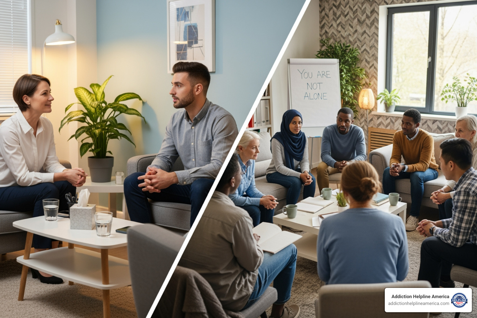 a one-on-one therapy session with a group meeting - addiction support groups