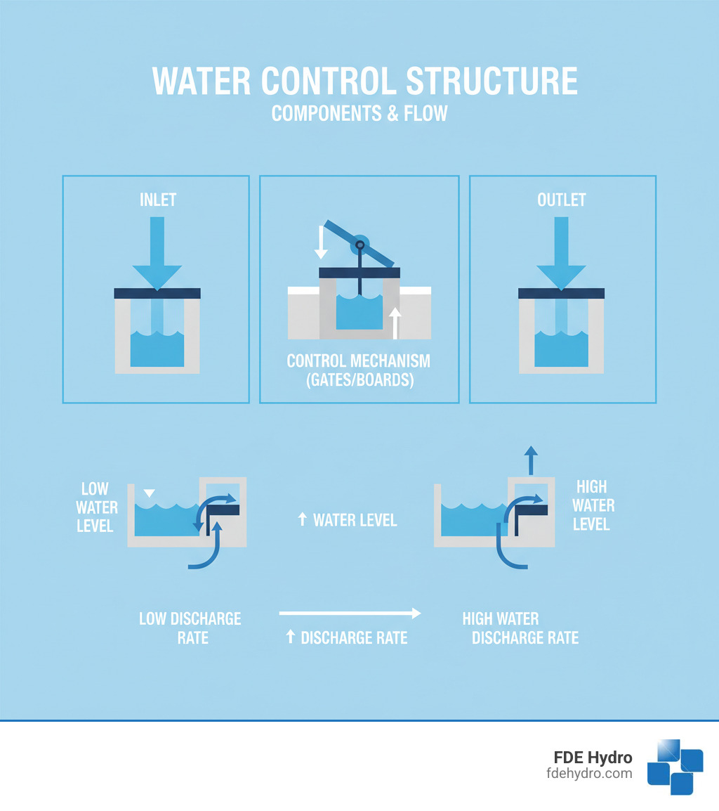 Infographic showing the basic components of a water control structure including inlet, control mechanism (gates or boards), outlet, and how water level changes affect discharge rate through the structure - Water control structures infographic 