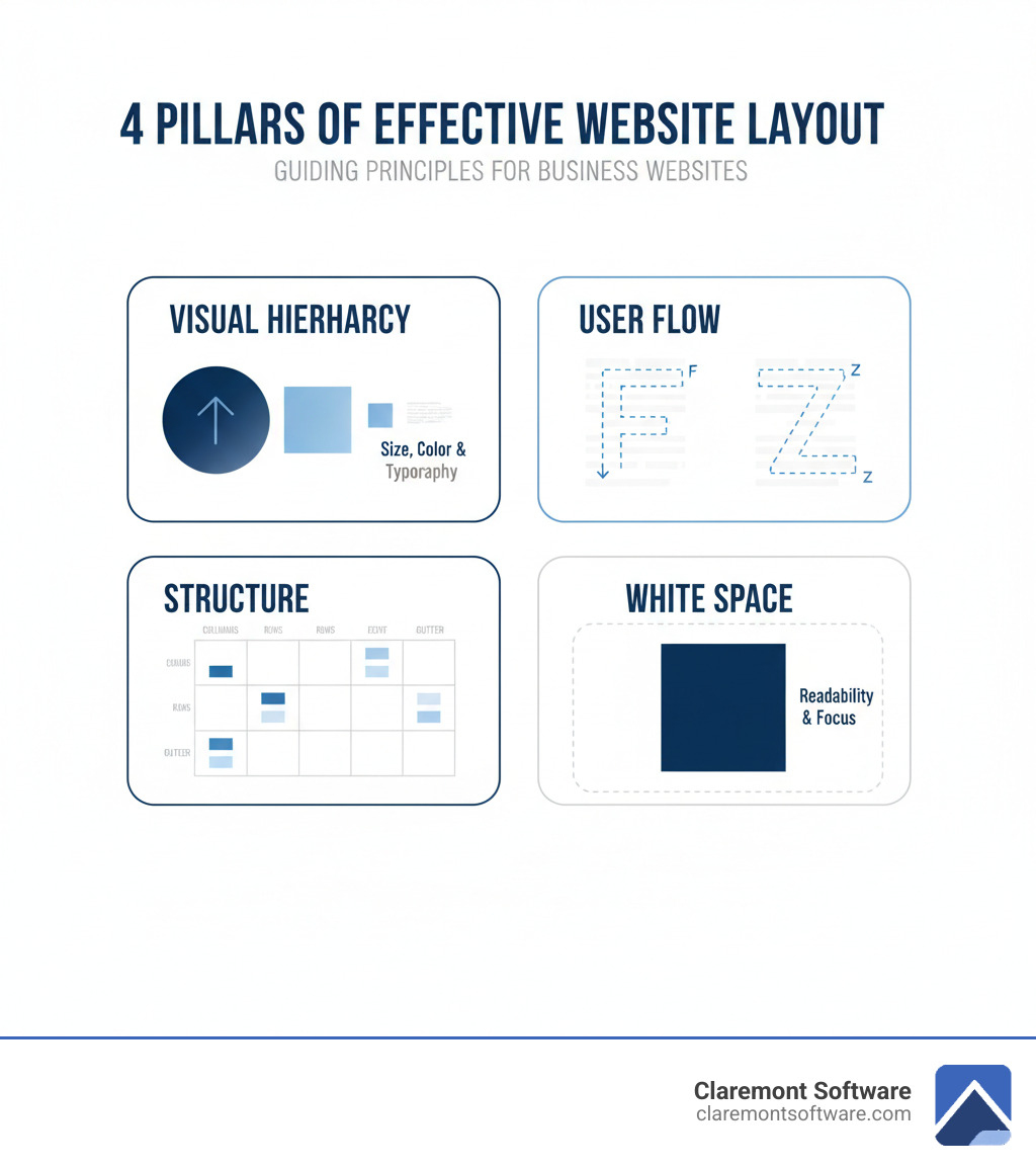 Infographic showing the 4 pillars of an effective business website layout: Visual Hierarchy using size, color, and typography to guide attention; User Flow following natural reading patterns like F-pattern and Z-pattern; Structure using grid systems with columns, rows, and gutters for organization; and White Space creating breathing room between elements to improve readability and focus attention on key content - business website layout infographic Infographic showing the 4 pillars of an effective business website layout: Visual Hierarchy using size, color, and typography to guide attention; User Flow following natural reading patterns like F-pattern and Z-pattern; Structure using grid systems with columns, rows, and gutters for organization; and White Space creating breathing room between elements to improve readability and focus attention on key content - business website layout infographic