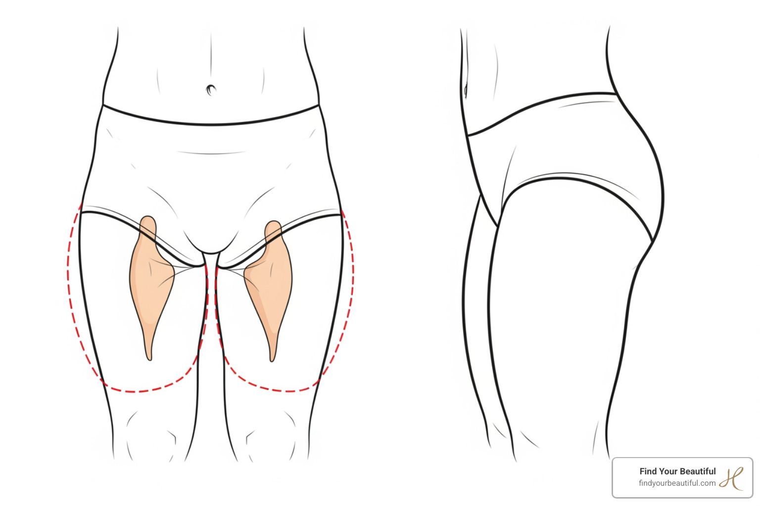 Diagram highlighting inner thighs, outer thighs (saddlebags), and hips for liposuction - liposuction on thighs and hips