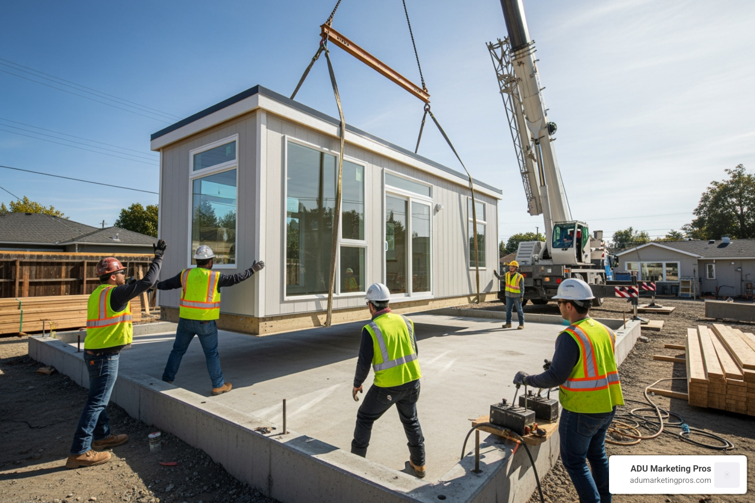 workers securing a newly placed modular ADU on its foundation - modular adu workers securing a newly placed modular ADU on its foundation - modular adu