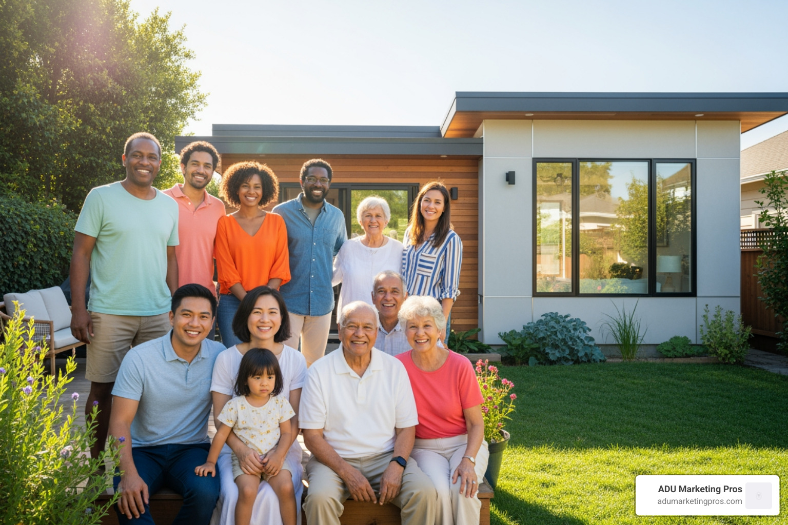 diverse, multi-generational family smiling in their backyard, with a modern ADU visible behind them - modular adu diverse, multi-generational family smiling in their backyard, with a modern ADU visible behind them - modular adu