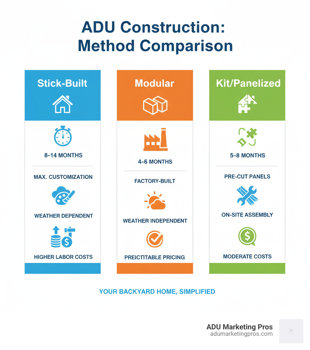 Comparison infographic showing three construction methods: Stick-Built (8-14 months, maximum customization, weather dependent, higher labor costs), Modular (4-6 months, factory-built modules, weather independent, predictable pricing), and Kit/Panelized (5-8 months, pre-cut panels, on-site assembly, moderate costs) - modular adu infographic Comparison infographic showing three construction methods: Stick-Built (8-14 months, maximum customization, weather dependent, higher labor costs), Modular (4-6 months, factory-built modules, weather independent, predictable pricing), and Kit/Panelized (5-8 months, pre-cut panels, on-site assembly, moderate costs) - modular adu infographic