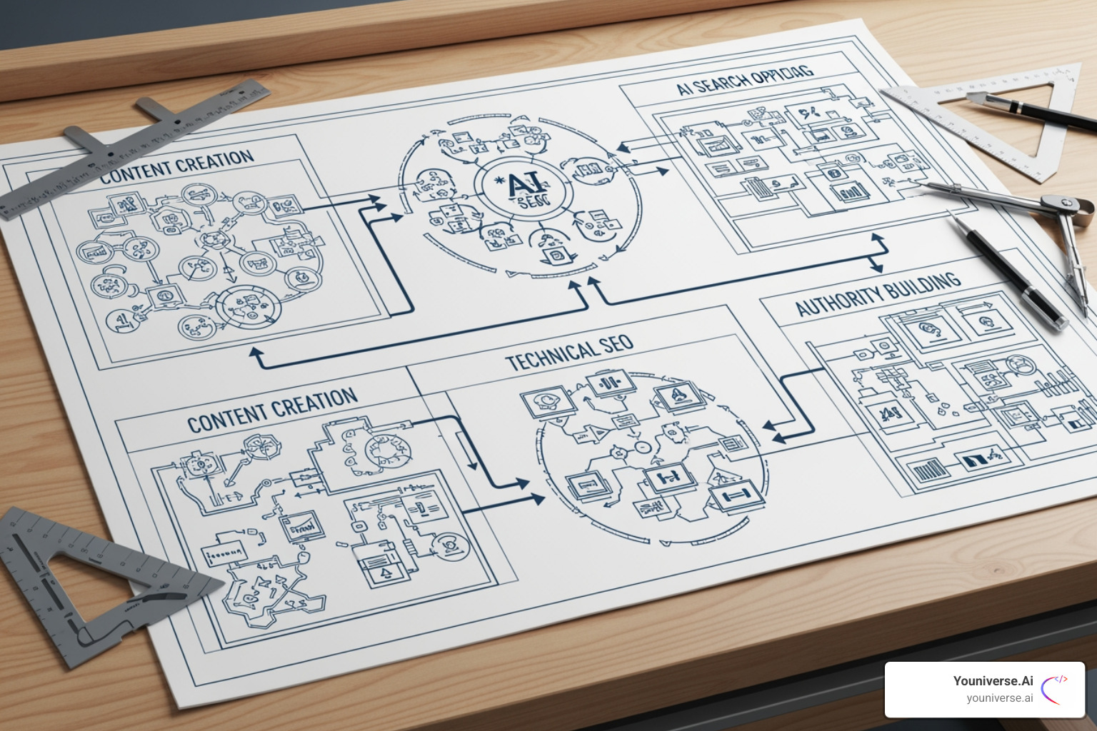 A detailed blueprint showing interconnected steps for AI search optimization, including content creation, technical SEO, and authority building, with arrows indicating a continuous feedback loop - AI search optimization