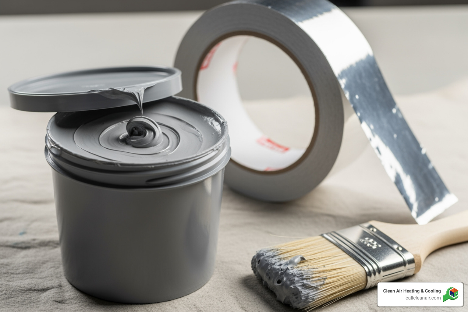 Duct sealing materials: a tub of mastic sealant with a brush and a roll of foil tape - Sealing heating ducts