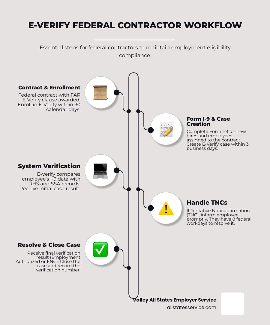 Infographic showing the E-Verify federal contractor workflow: 1) Contract awarded with FAR clause, 2) Enroll in E-Verify within 30 days, 3) Complete Form I-9 for employees, 4) Create E-Verify case within 3 business days, 5) Review case results, 6) Handle TNCs if needed, 7) Close case and record verification number - e-verify manual for federal contractors infographic infographic-line-5-steps-elegant_beige