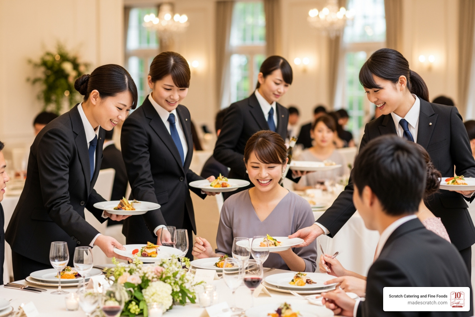 Professional catering staff, dressed impeccably, smiling warmly while serving elegantly plated dishes to guests at a beautiful wedding reception - high quality catering