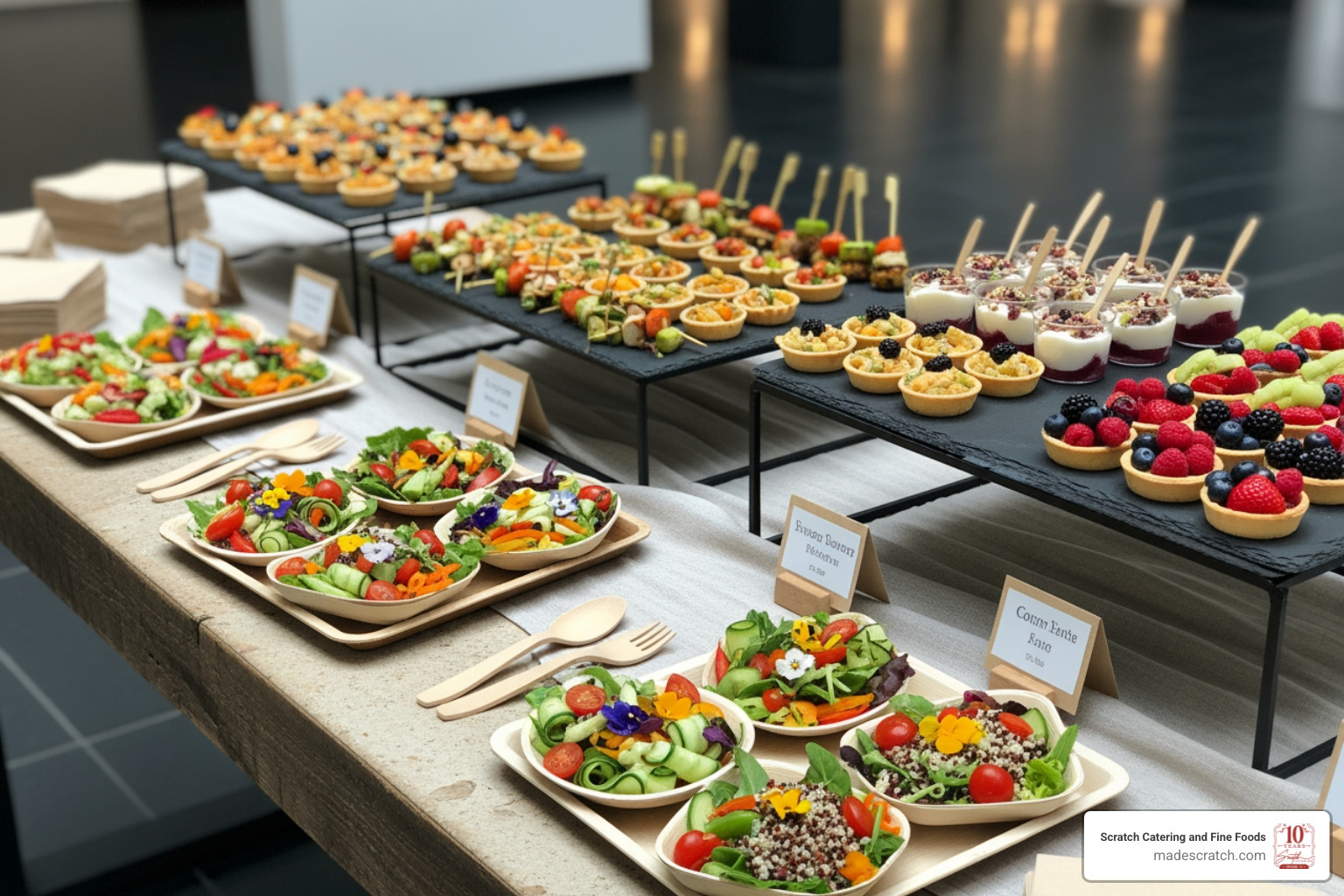 A modern, aesthetically pleasing catering setup featuring eco-friendly, compostable serving dishes and utensils, with fresh, colorful food arranged artfully - high quality catering