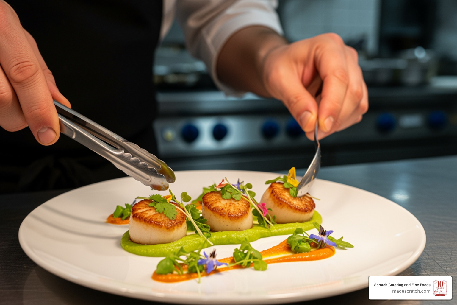 A chef carefully plating a gourmet dish of Seared Diver Scallops with artistic precision - high quality catering