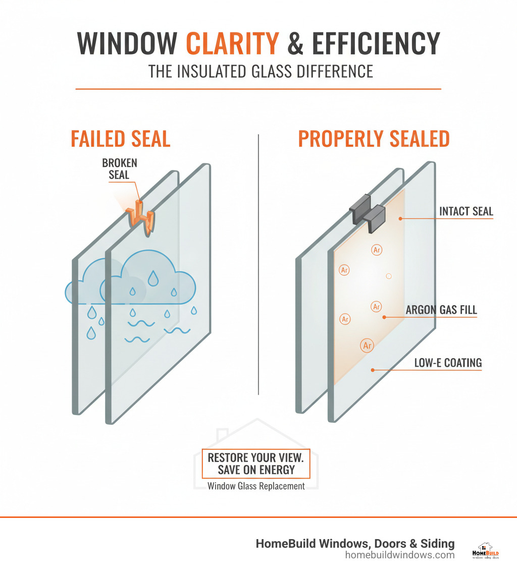 infographic showing cross-section of double-pane window with broken seal allowing moisture between panes, compared to properly sealed unit with argon gas fill and low-e coating - window glass replacement barrington il infographic 