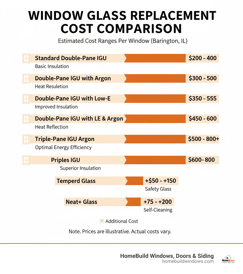 table comparing cost ranges for different glass types - window glass replacement barrington il infographic 