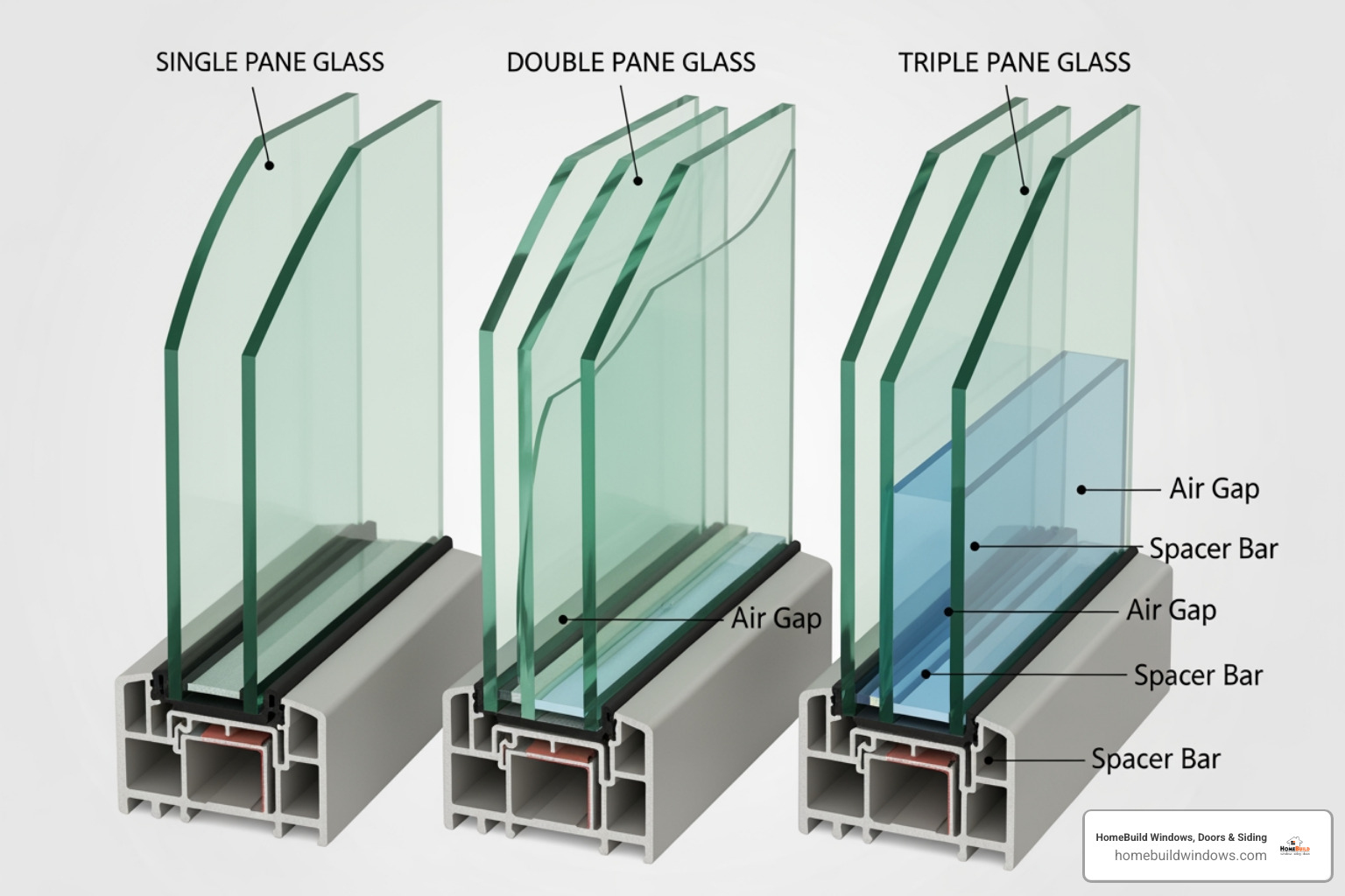 cross-section of single, double, and triple-pane glass - window glass replacement barrington il