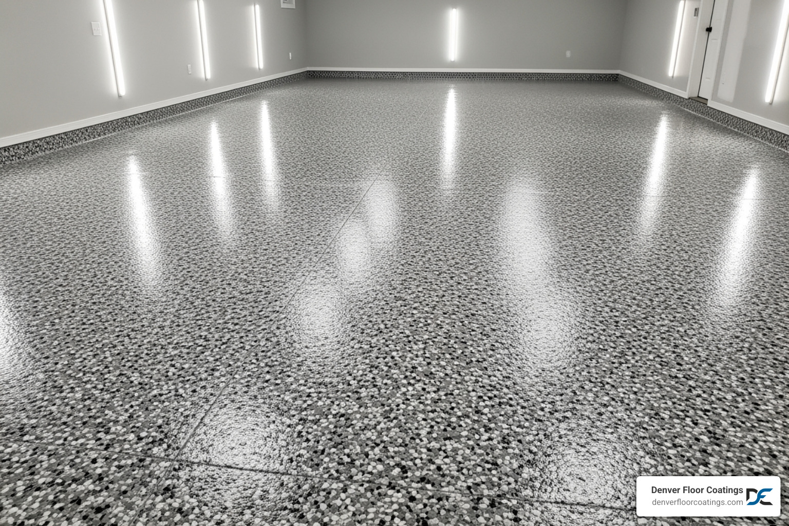 seamless, glossy polyaspartic flake floor in a clean garage - easy to clean tile floor