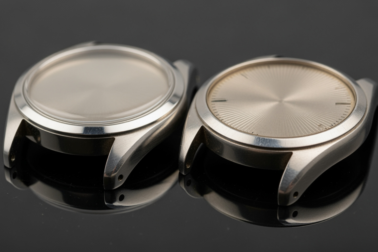 A sharply preserved vintage watch case, highlighting crisp lines and original finishing, contrasted with an example of an over-polished case where details have been softened or lost. A sharply preserved vintage watch case, highlighting crisp lines and original finishing, contrasted with an example of an over-polished case where details have been softened or lost.