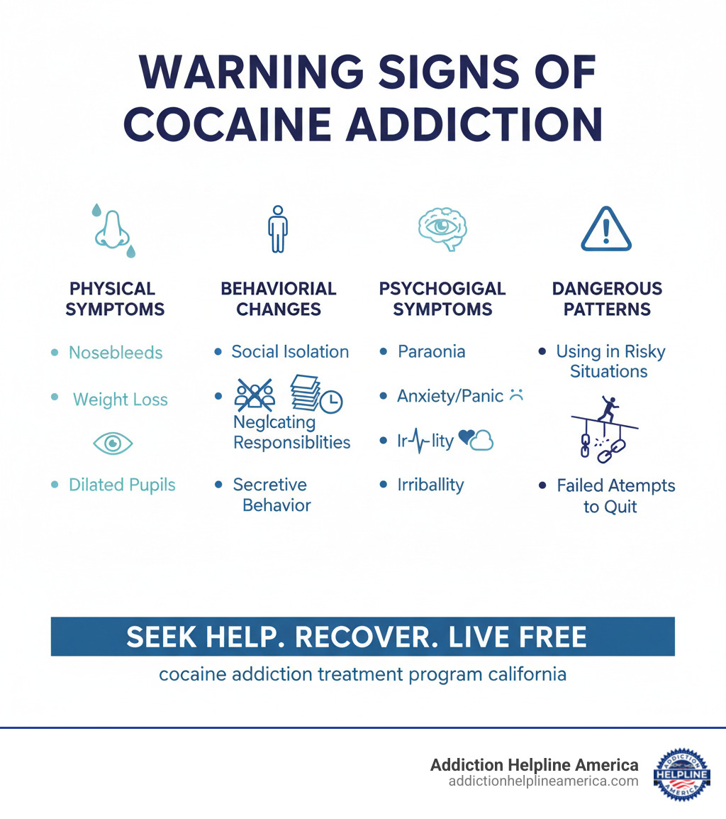 infographic showing the warning signs of cocaine addiction including physical symptoms like nosebleeds and weight loss, behavioral changes like isolation and neglecting responsibilities, psychological symptoms like paranoia and anxiety, and dangerous patterns like using in risky situations and failed attempts to quit - cocaine addiction treatment program california infographic 