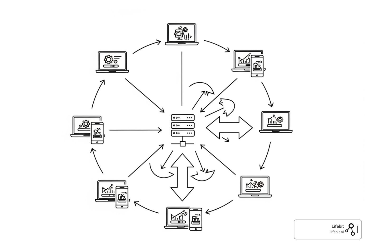 A flowchart illustrating the federated learning cycle: model initialization, local training on edge devices, update aggregation at a central server, and global model distribution - AI for Federation A flowchart illustrating the federated learning cycle: model initialization, local training on edge devices, update aggregation at a central server, and global model distribution - AI for Federation