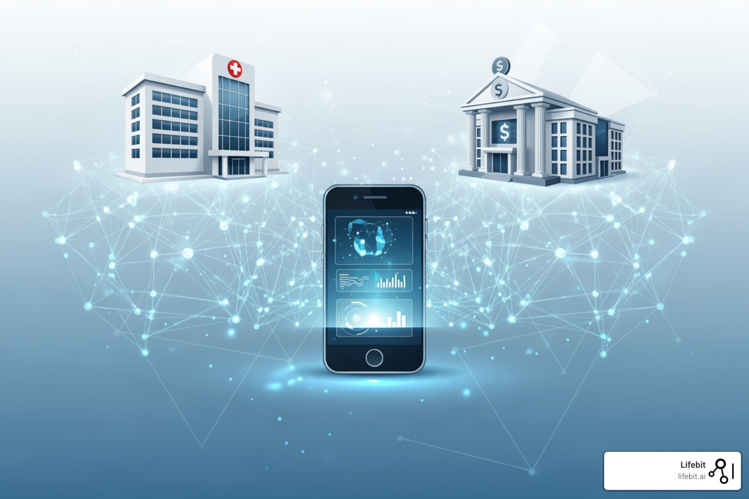 A smartphone with a smart assistant, a hospital, and a bank connected in a federated network, showcasing diverse real-world applications of federated AI - AI for Federation A smartphone with a smart assistant, a hospital, and a bank connected in a federated network, showcasing diverse real-world applications of federated AI - AI for Federation