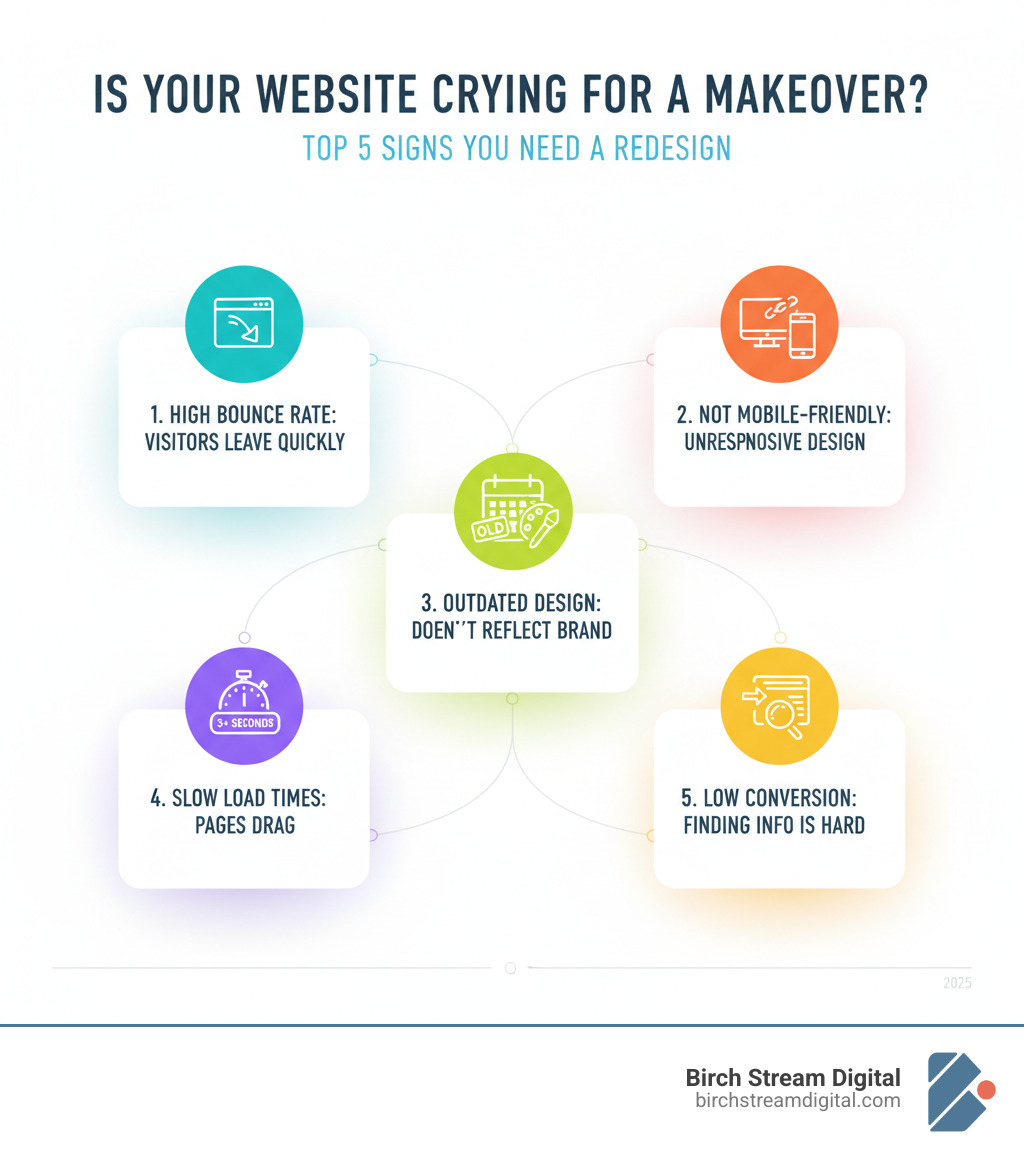 Infographic showing the top 5 signs your website needs a redesign: 1) High bounce rate with visitors leaving quickly, 2) Not mobile-friendly or responsive, 3) Outdated design that doesn't reflect your current brand, 4) Slow page load times over 3 seconds, 5) Low conversion rates or difficulty finding key information - professional website redesign infographic 
