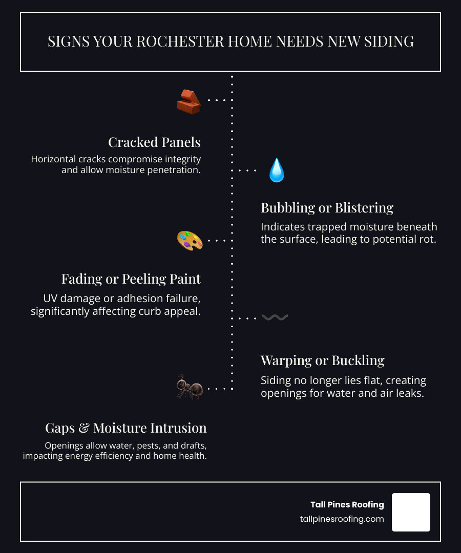 Infographic showing common signs your Rochester home needs new siding including horizontal cracks in panels, bubbling or blistering surfaces, peeling paint on wood siding, visible warping or buckling, faded colors especially on south-facing walls, and gaps between siding panels allowing moisture intrusion - siding installation rochester ny infographic infographic-line-5-steps-dark Infographic showing common signs your Rochester home needs new siding including horizontal cracks in panels, bubbling or blistering surfaces, peeling paint on wood siding, visible warping or buckling, faded colors especially on south-facing walls, and gaps between siding panels allowing moisture intrusion - siding installation rochester ny infographic infographic-line-5-steps-dark