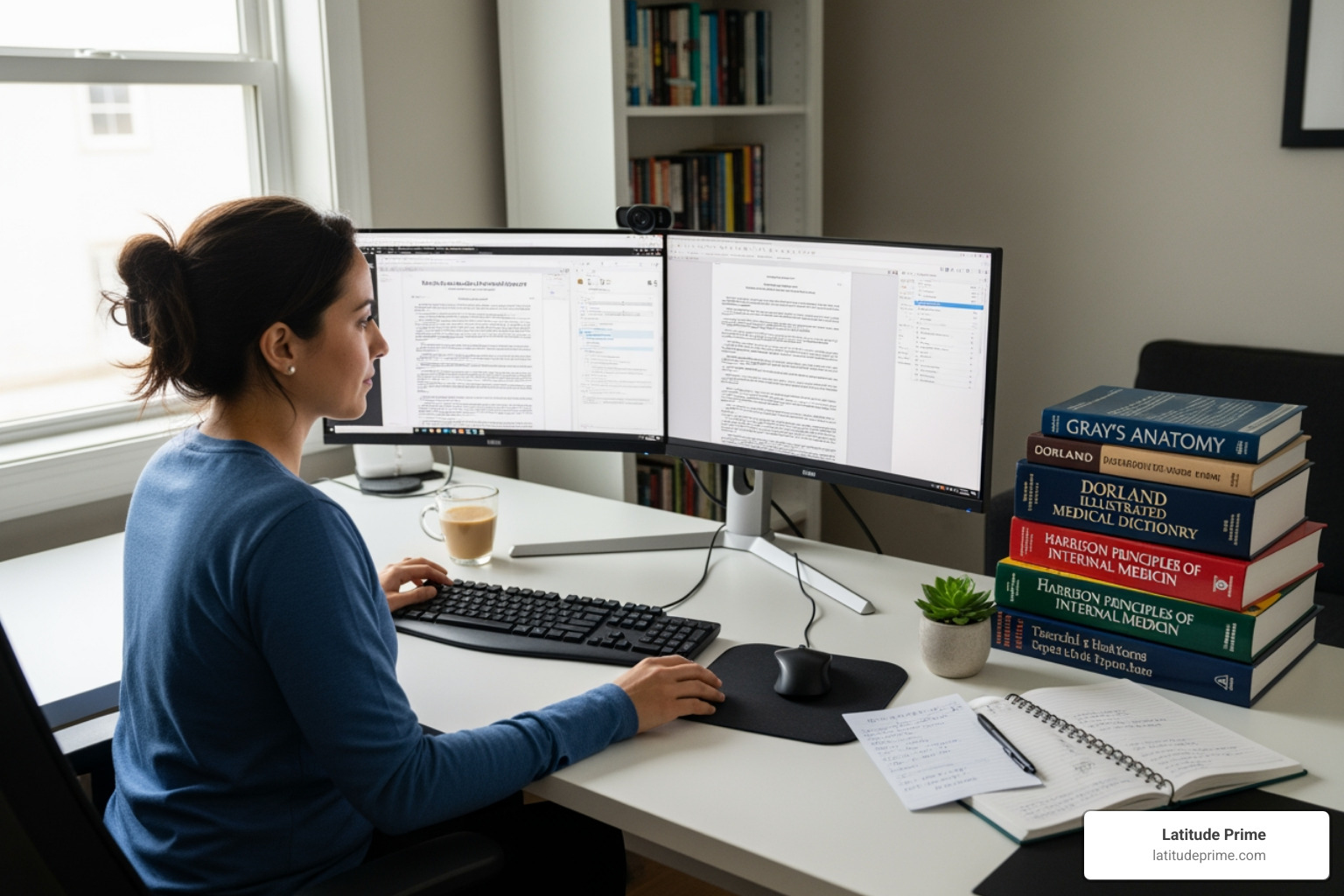 professional translator at a desk with medical reference books and a computer - medical prescription translation