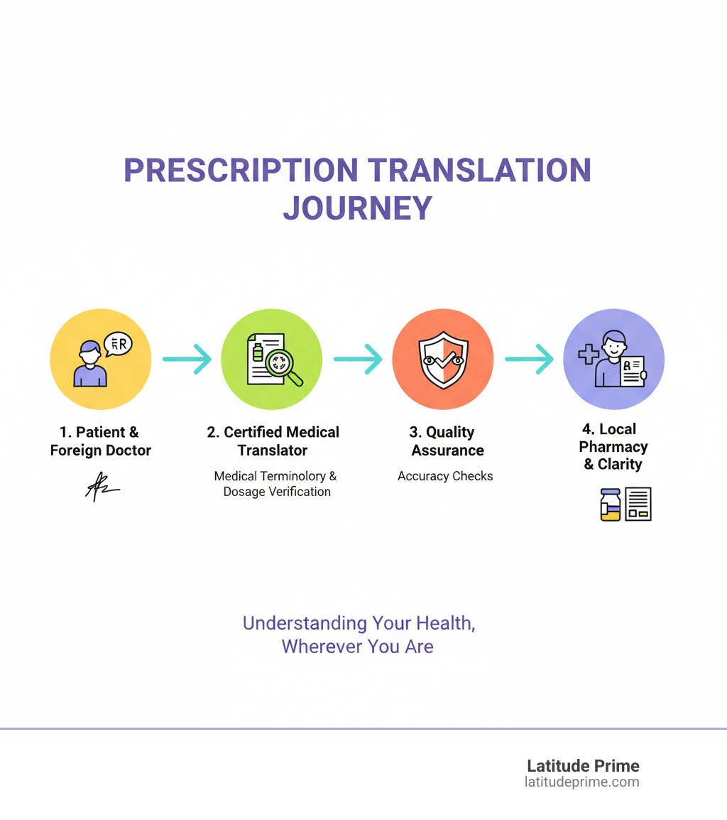 Infographic showing the complete prescription translation journey: Starting with a patient receiving a prescription from a foreign doctor, moving through the professional translation process with a certified medical translator reviewing medical terminology and verifying dosages, then quality assurance checks for accuracy, and finally ending with the patient successfully filling the prescription at a local pharmacy with clear understanding of all instructions - medical prescription translation infographic 