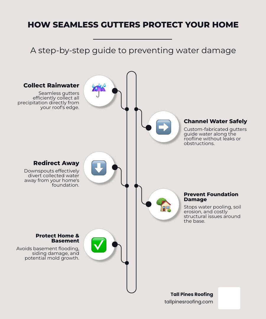 Infographic showing how seamless gutters direct rainwater from the roof through downspouts away from the foundation, preventing pooling around the home's base, soil erosion, basement flooding, and siding damage - tall pines roofing gutter installation rochester ny infographic infographic-line-5-steps-elegant_beige