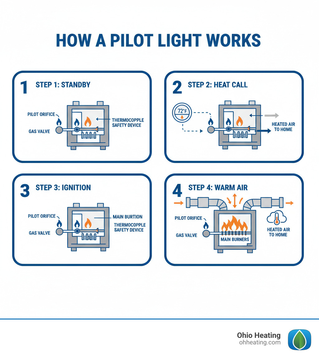 Infographic showing how a pilot light works in a gas furnace: Step 1 shows the small blue pilot flame constantly burning; Step 2 shows the thermostat calling for heat; Step 3 shows the pilot flame igniting the main gas burners; Step 4 shows heated air being distributed through the ductwork. Labels indicate the gas valve, thermocouple safety device, pilot orifice, and main burners. - Furnace pilot light infographic 