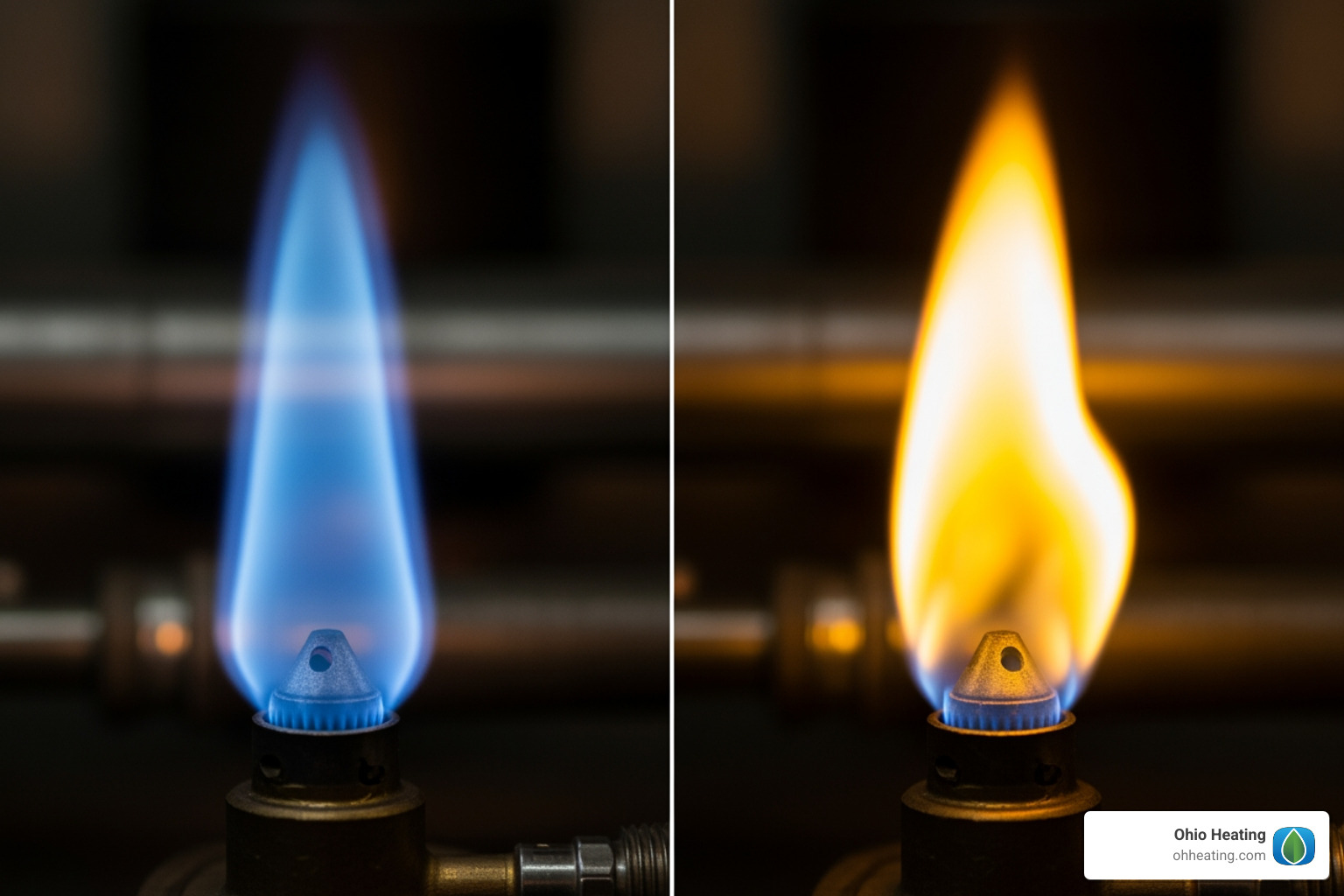 Comparison of a clean, blue pilot flame to a weak, yellow one - Furnace pilot light