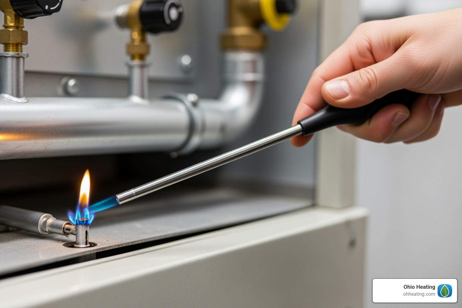 Hand using a long-stemmed lighter to ignite the pilot flame at the orifice - Furnace pilot light