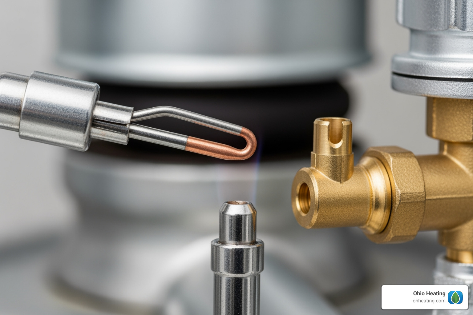 Furnace pilot light assembly with thermocouple and pilot orifice labeled - Furnace pilot light