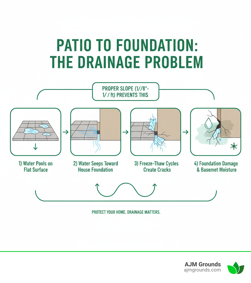Infographic showing the progression from standing water on patio to foundation damage: 1) Water pools on flat patio surface, 2) Water seeps toward house foundation, 3) Freeze-thaw cycles create cracks, 4) Foundation damage and basement moisture issues, with arrows indicating water flow and notes about proper slope preventing each stage - installing patio drainage infographic 