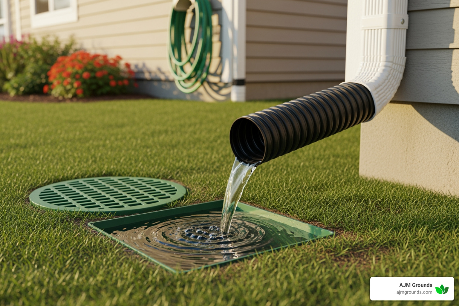 Downspout extender directing water into a catch basin - installing patio drainage