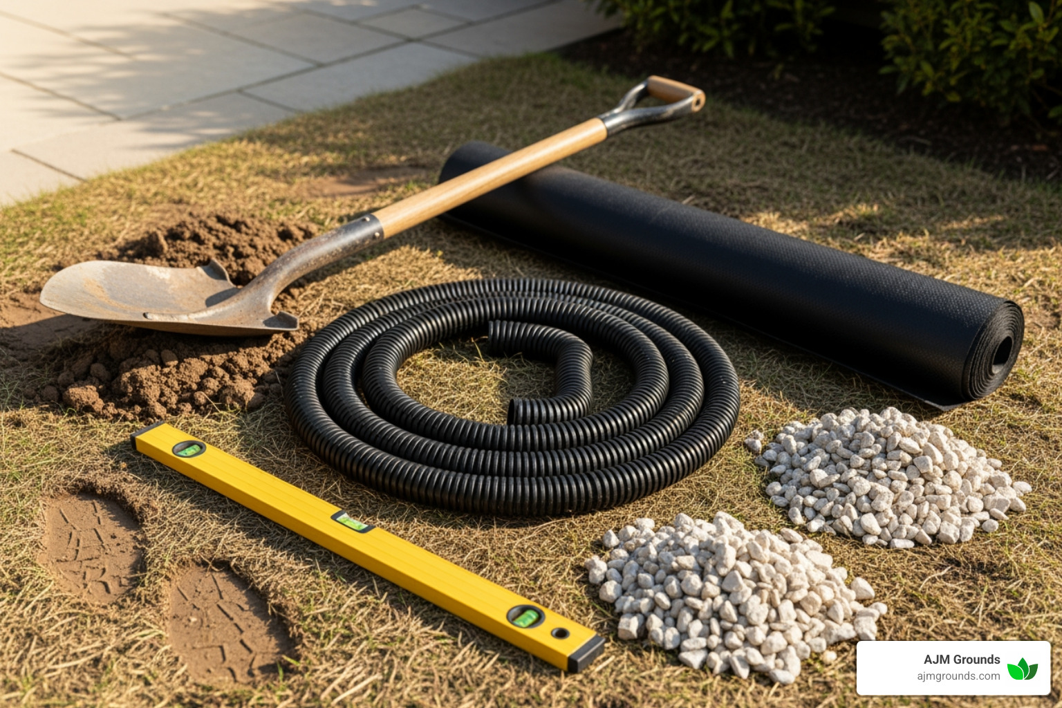 Tools and materials laid out: perforated pipe, gravel, landscape fabric, shovel, level - installing patio drainage